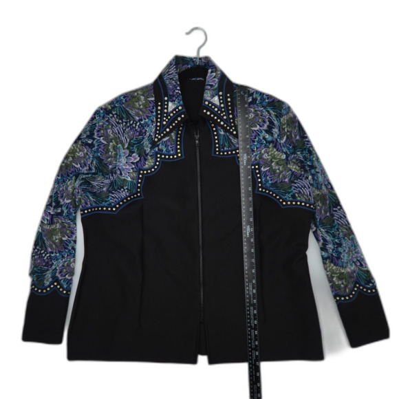 Custom Western Show Shirt - Blue Design with Bezel Set Stones & Leather Accent - Picture 5 of 8